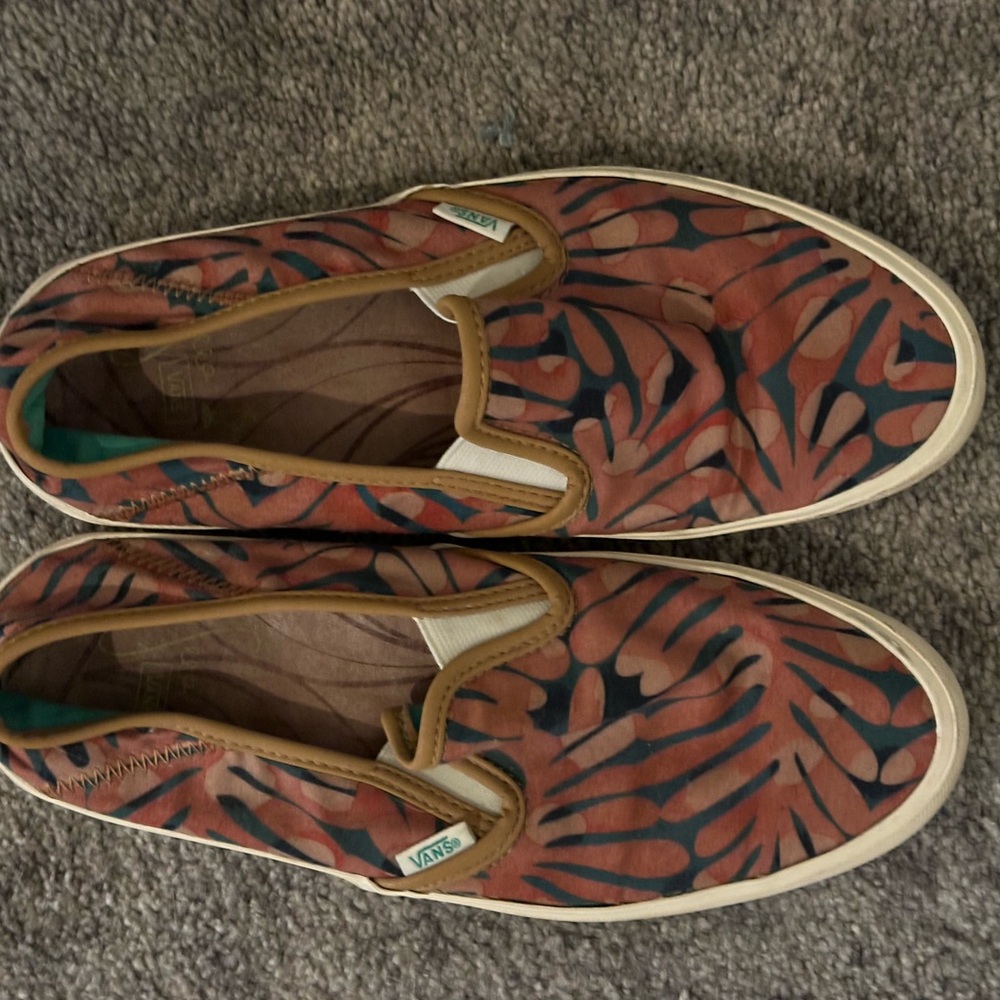 Vans Leaf Pattern Slip-Ons in Brown and Teal